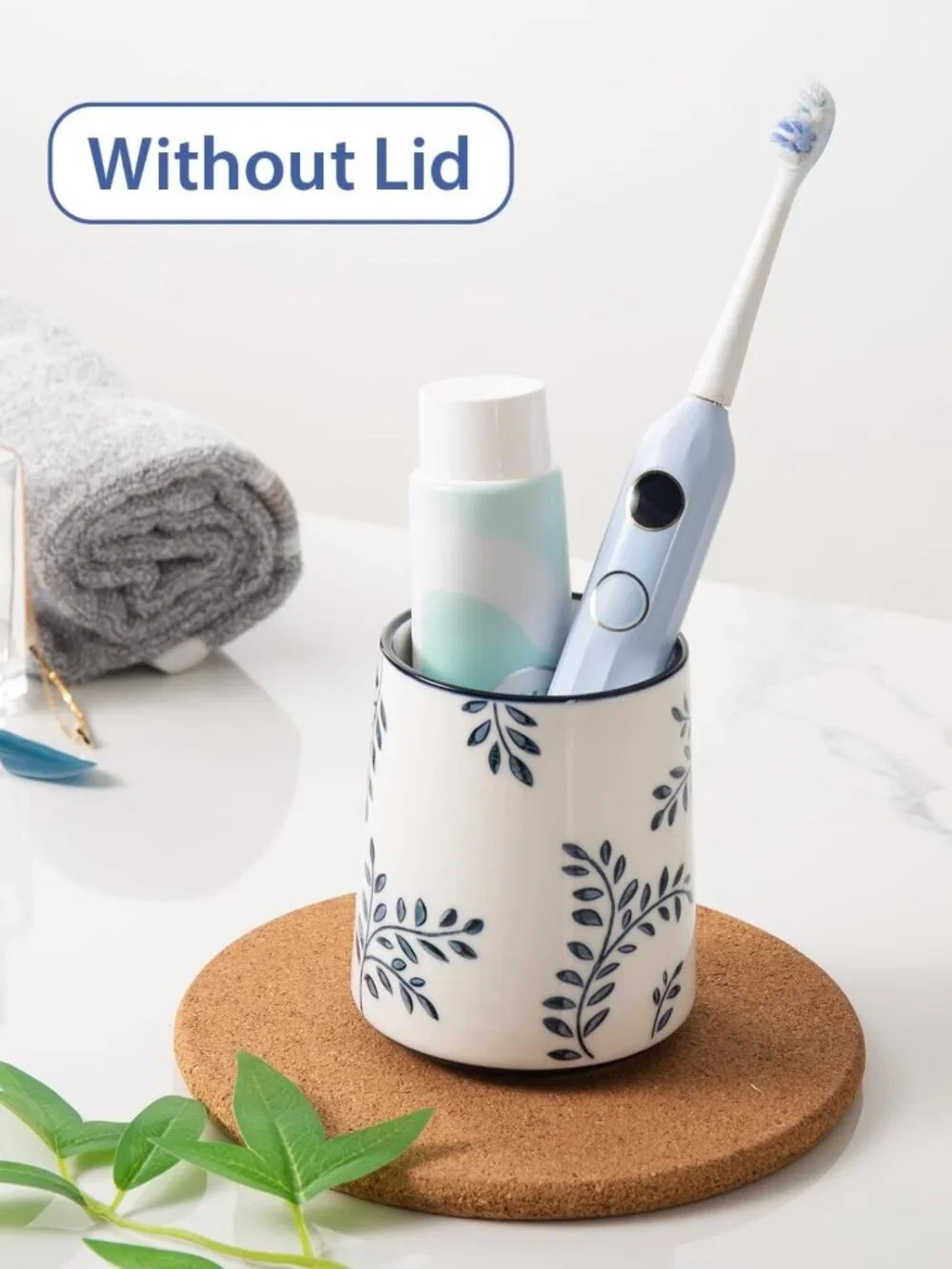 Chic Ceramic Toothbrush Holder & Makeup Brush Cup, Blue White Chinoiserie Design